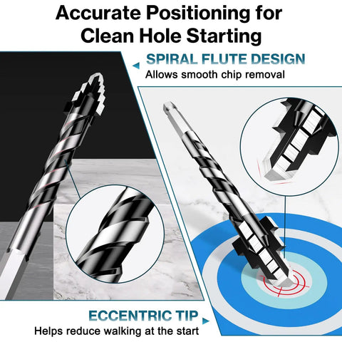 Tile Drill Bit Set 1/4 to 1/2 Inch 6-12mm with 1/4 Inch Hex Shank Eccentric 4-Cutter Design for stable starts in porcelain and glass
