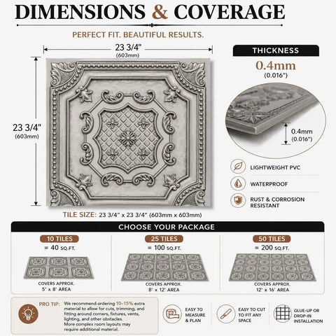 Dimensions and coverage of Drop In 2x2 Ceiling Tiles Pack Of 10 PVC Panels With Antique Gold Faux Tin Look, 40 Sq Ft coverage