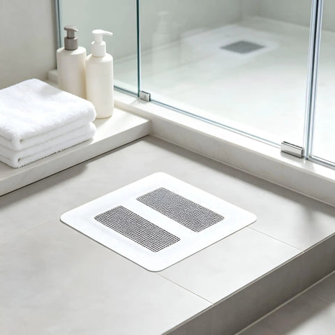 Hair Drain Stickers Disposable Hair Catcher for Shower Drain placed on shower floor with towels and soap bottles.