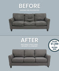 Before and after image showing a repaired couch using Built Tough Couch Spring Repair Kit With Zero Sag Promise for instant glow up.