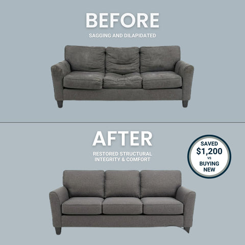 Before and after image showing a repaired couch using Built Tough Couch Spring Repair Kit With Zero Sag Promise for instant glow up.