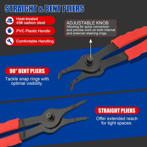 Image of a 11 Piece Snap Ring Pliers Set With Straight And Bent Retaining Ring Pliers Long Reach Pliers For Circlip Removal