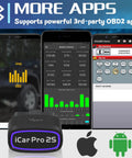 iCar Pro 2S Bluetooth Five Point Two OBD2 Car Scan Tool with app interface for iPhone, Android, Windows