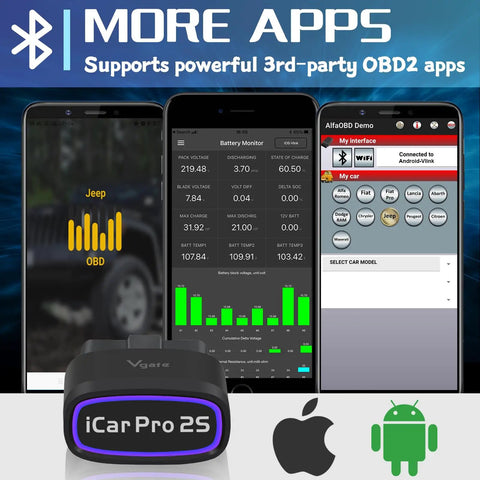 iCar Pro 2S Bluetooth Five Point Two OBD2 Car Scan Tool with app interface for iPhone, Android, Windows