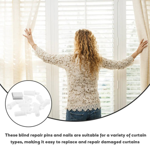 Plantation Shutter Repair Kit with 0.6 Inch Replacement Pins for Blinds shows woman adjusting curtains with repair kit nearby.