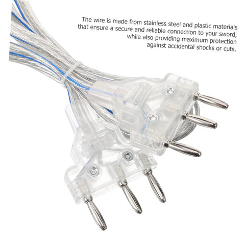 Close-up of Clear Epee Body Cord For Fencing Multi Function Wire showing metal prongs and transparent casing.