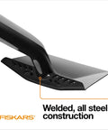 Close-up of 46 Inch Steel Flat Spade With Ergonomic D-Handle for Lawn Edging, showing welded all-steel construction and sharp blade.