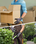 MicroFoam Nitrile Coated Work Gloves with Seamless Knit Nylon, grippy for light oils, worn while carrying boxes and trimming hedges.