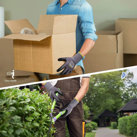 Person wearing MicroFoam Nitrile Coated Work Gloves, 6 Pairs, Seamless Knit Nylon, Gray, Size 10/XL, handling boxes and trimming bushes.