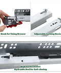 2 Pair 14 Inch Undermount Soft Close Drawer Slides With Dope Red Handles For Full Extension Concealed Rails Featuring 3D Adjustable Latch And No Sweat Install For Kitchen Or Vanity Top Shelf Glide Setup showing adjustable locking device and hydraulic rod.
