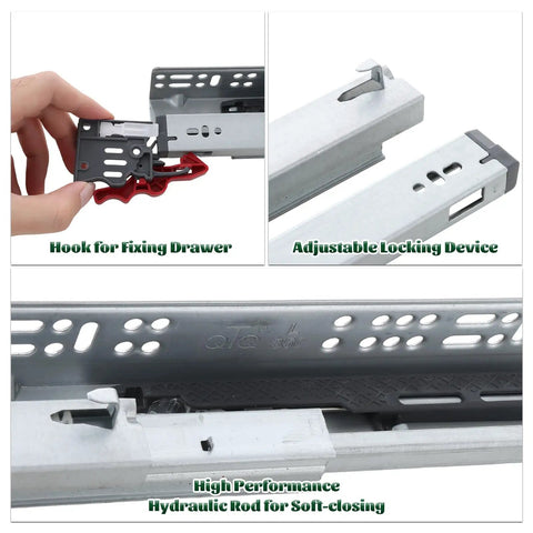 2 Pair 14 Inch Undermount Soft Close Drawer Slides With Dope Red Handles For Full Extension Concealed Rails Featuring 3D Adjustable Latch And No Sweat Install For Kitchen Or Vanity Top Shelf Glide Setup showing adjustable locking device and hydraulic rod.