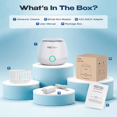Ultrasonic Retainer Cleaner for Aligners Night Guards Dentures and Mouthguards plus accessories in box.