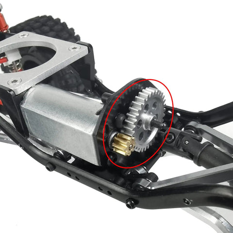 Heavy Duty 0.5M Metal Transmission Gear Set With 32T And 8T Spur Gears installed on SCX24 RC car frame, boosting speed and torque
