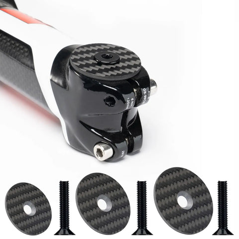 Slick Carbon Fiber Bicycle Headset Top Caps With Stainless Steel Bolts Matte Black Coating, showing cap and bolts.
