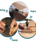 Pro Grade Drill Chuck Collet Set for Dremel Rotary Tools in use for slicing, engraving, and polishing wood crafts