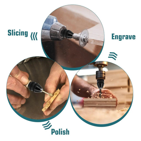 Pro Grade Drill Chuck Collet Set for Dremel Rotary Tools in use for slicing, engraving, and polishing wood crafts