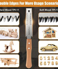 Japanese Pull Saw 6 Inch With Wood Handle, Lightweight Hand Saw For Woodworking, Double-Edged Blade 17 TPI Hard Wood And 11 TPI Soft Wood, SK5 High-Carbon Steel For Precise Easy Cuts, shown with wooden craft cuts