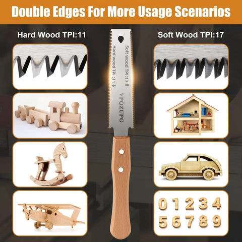 Japanese Pull Saw 6 Inch With Wood Handle, Lightweight Hand Saw For Woodworking, Double-Edged Blade 17 TPI Hard Wood And 11 TPI Soft Wood, SK5 High-Carbon Steel For Precise Easy Cuts, shown with wooden craft cuts