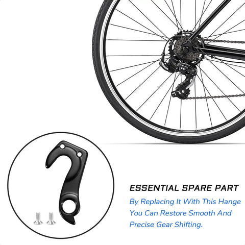 Derailleur Hanger Replacement For Giant Avail Brava Defy Envie LIV Propel Revolt TCR Thrive Road And Mountain Bikes, black aluminum, with screws, shown next to a bike wheel.