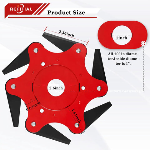 Universal 6 Steel Razors Weed Eater Head With Adapter Kit dimensions and measurements in product diagram image