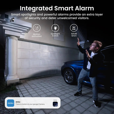 Person near garage with motion-activated SolarCam Pro Add On Camera For System Expansion, Requires Base to Operate.
