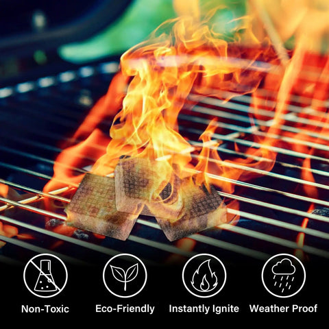 64 Mini Square Natural Pine Fire Starters for BBQ and Campfire igniting on grill with flames and eco-friendly icons.