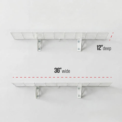 Heavy Duty Steel Garage Wall Shelves 2 Pack With Solid Built In Hooks White Wall Mounted Rack Holds Up To 300 Pounds Tool Storage Organizer For Bikes And Daily Gear 12 X 36 Inches