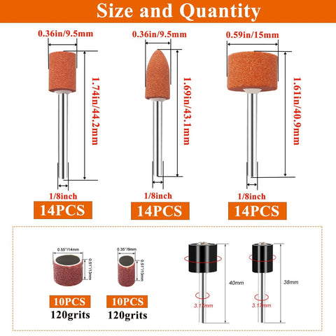 Sunxeke sanding bits set for Dremel tools; three 14-piece grinding bits and two 10-piece 120-grit sanding drums, 1/8 in shank