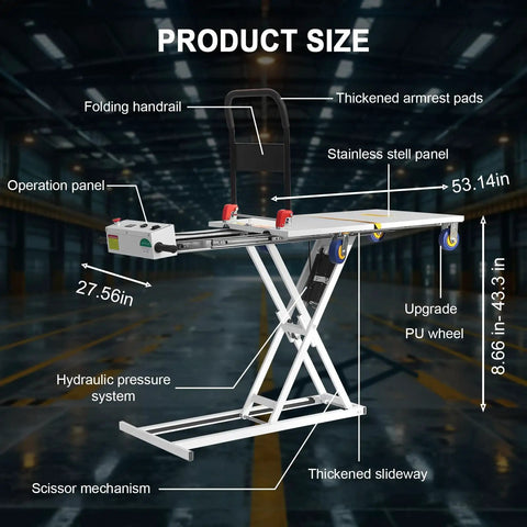Heavy Duty Electric Hydraulic Lift Table Cart With 48V Power Handling Up To 661 Pounds Easily Foldable Platform with measurements.