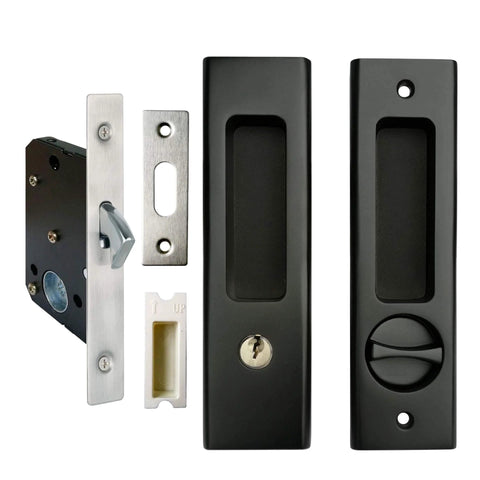 Sliding Barn Door Locks With Invisible Door Handle And Keys For Wood Pocket Doors Black Hardware, Smooth As Silk Sliding shown in parts