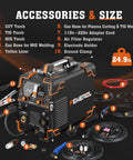 All In One 6 In 1 Welding Machine For Home DIY Pros Gas MIG Flux MIG Plasma Cut HF TIG Stick And Spot Weld 110 220V Dual Voltage Aluminum Welder Built For Portable Heavy Duty Everyday Metalworking with accessories and size dimensions shown.