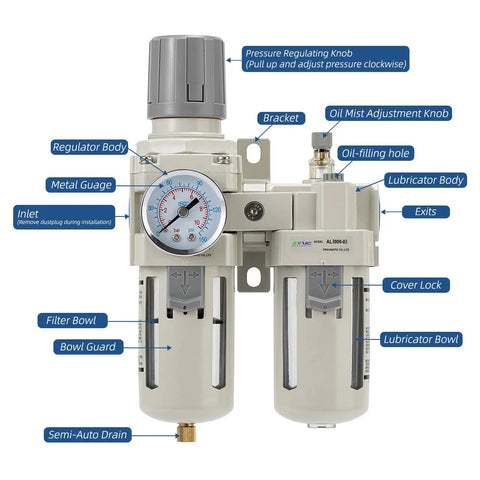 Front view of 3/8 NPT Air Filter Regulator Lubricator Combo with Water Oil Trap Separator, showing gauge, knobs, and semi-automatic drain.