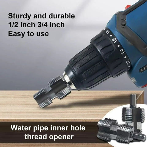 Heavy Duty Portable Pipe Internal Threader Creates Perfect 1/2 3/4 And 1 Inch Threads For Plumbing Projects Fast Easy Install With Durable Metal Construction Great For Pros And DIYers, showing drill attachment for threaded pipe.