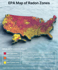 EPA Map of Radon Zones showing color-coded risk areas for radon exposure across the United States, aiding radon detector use.