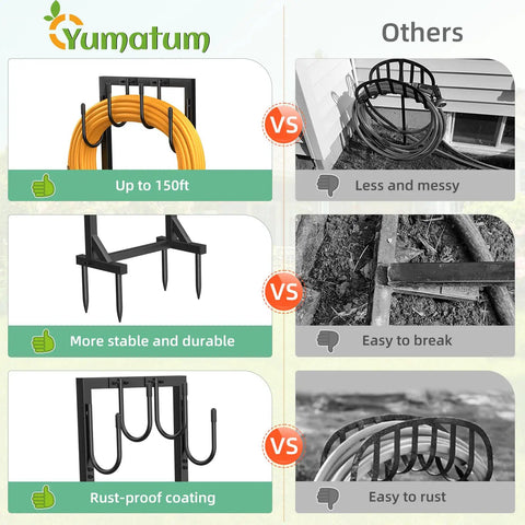 Comparison image showing Rugged Heavy Duty Garden Hose Holder Reel With Four Large Hooks versus other brands.