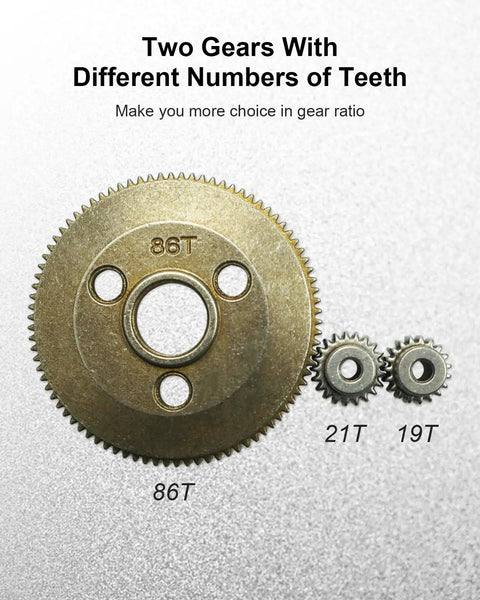 Beefed Up Heavy Duty Steel Spur Gear Set 48P 86T with 19T and 21T pinions for 1/10 Traxxas Slash 2WD RC models.