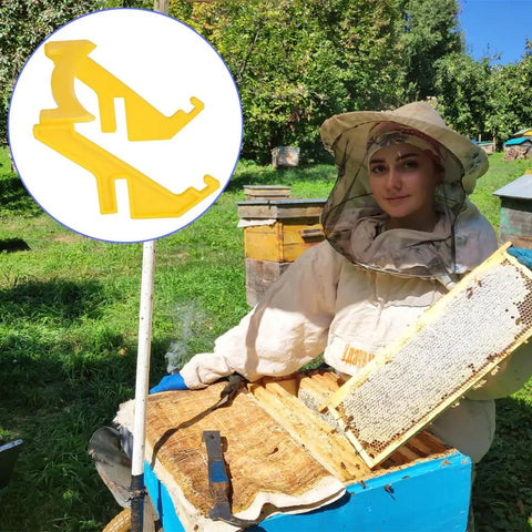 Beekeeper holding frame next to Durable Plastic Beekeeping Gear Bee Honey Bucket Rack For Beekeeping Apiary Storage Holder