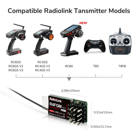 Compatible RadioLink transmitters and Ultra Compact Four Channel Gyro RC Receiver For Mini Cars With One Time Binding And 2Point4Ghz Long Range Up To About 400m Perfect For RC8X RC6GS V3 RC4GS V3 T8FB T12D T16D