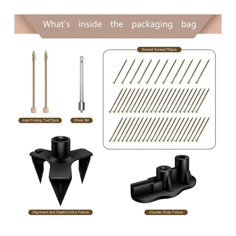 Wood Floor Repair Kit showing 5 tools and 50 screws for under carpet squeak no more DIY fix for loose boards home improvement