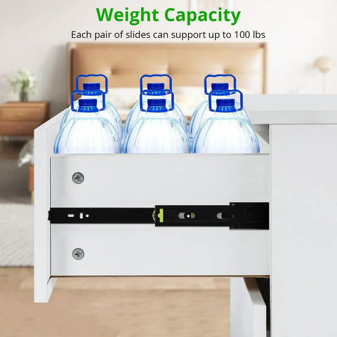 Heavy Duty Drawer Slides 14 Inch Full Extension Side Mount 100 Lb Per Pair Ball Bearing Steel Rails holding water bottles
