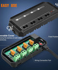 12V Motorcycle Fuse Box With 20A Low Profile Terminal Block And LED Indicator showing open view of 4 circuit connections.
