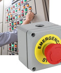 Estop Emergency Stop Switch Push Button IP66 Weatherproof Station Box Outdoor With Red Latching Mushroom Button shown with control panels