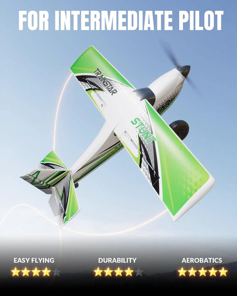 TrainStar 500mm Brushless RC Plane Ready To Fly With 6 Axis Gyro, 3 Flight Modes And Aerobatics, green color in flight