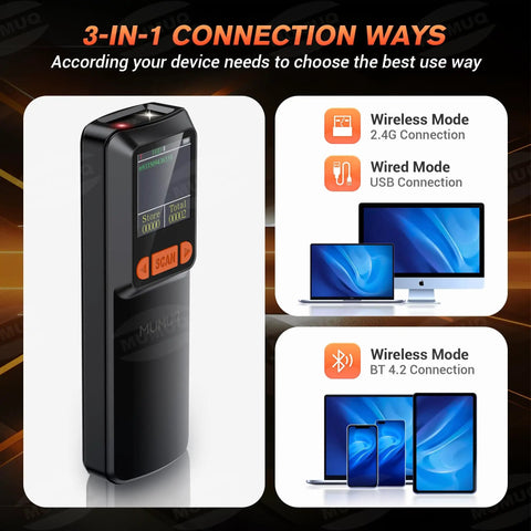 Multi Mode Wireless Barcode Scanner With Bluetooth 1D 2D QR Code Reader 3 In 1 USB 2.4G And LCD Screen product image with connection options