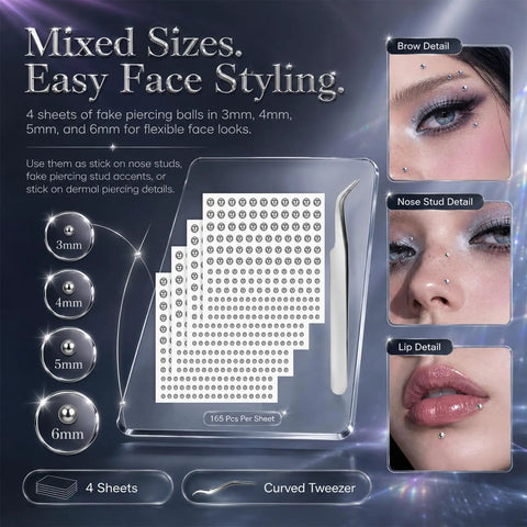 Stick On Fake Piercings Set With Silver Balls For Lip Nose Eyebrow Piercings, Fake Lip Stud And Nose Stud Options, 3mm 4mm 5mm 6mm Sizes, Includes 4 Sheets Of Lookalike Jewelry. 4 sheets of silver fake piercing balls with curved tweezer, 3mm to 6mm