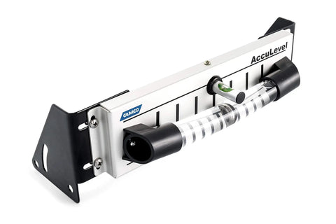 AccuLevel RV Leveling Brackets for Fifth Wheel King Pin Boxes with bubble level and black mounting plate