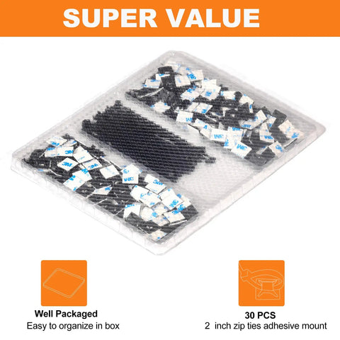 140 Pack 3/4 Inch Zip Tie Adhesive Mounts With Self Adhesive Cable Tie Bases shown in packaging, white and black