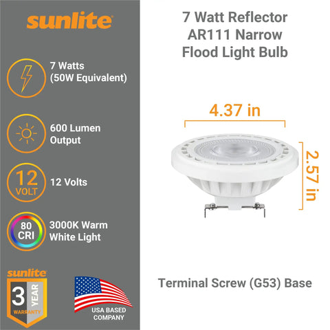 AR111 LED Spotlight Bulbs 7W 600 Lumens, 24 Degree Narrow Flood, 12V G53 Base, Non Dimmable, Warm White 3000K, Set Of 6