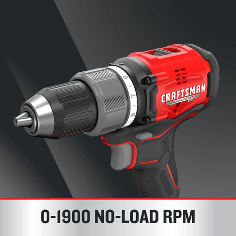 Brushless Cordless Drill Driver Kit With Two Batteries And Charger, 1/2 Inch Ratcheting Chuck, shown with specifications 0-1900 RPM