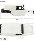 Side and top view of TRX4M Defender Bronco K10 F150 High Trail 1/18 RC Crawler Body And Chassis Kit White ABS Nylon Upgrade dimensions in mm